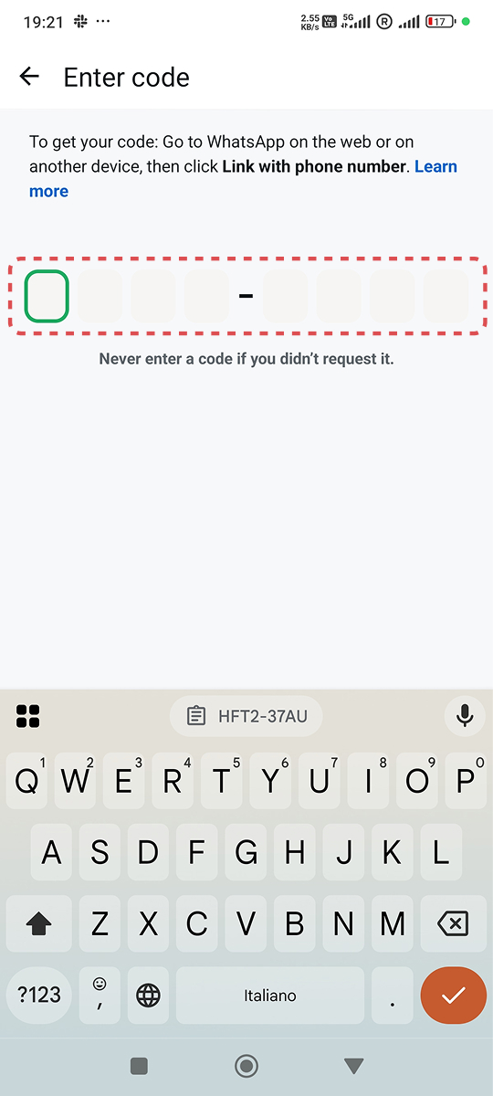 Entering the WhatsApp pairing code