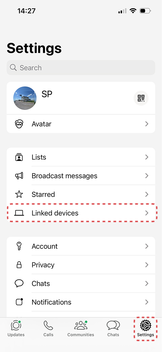 WhatsApp settings highlighting Linked devices on iPhone