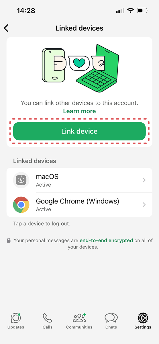 Choosing link a device in WhatsApp iOS