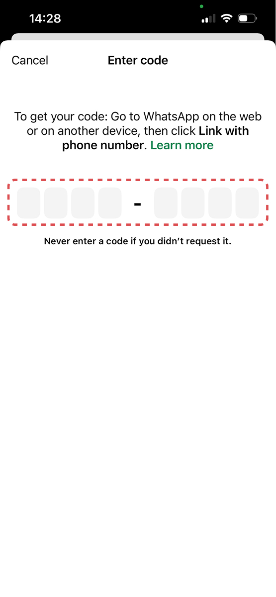 Entering pairing code on WhatsApp iPhone